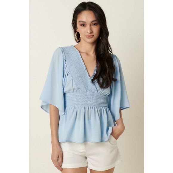 Mittoshop R.S.V.P. Full Size Run Flare Sleeve Peplum Blouse In Blue - Picture 1 of 5
